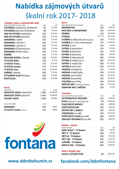 Nabídka zájmových útvarů a kurzů pro školní rok 2017-2018.