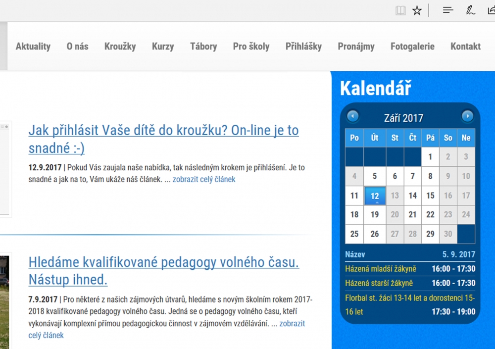 Rychlý přehled o kroužcích v jednotlivých dnech, přináší kalendář.